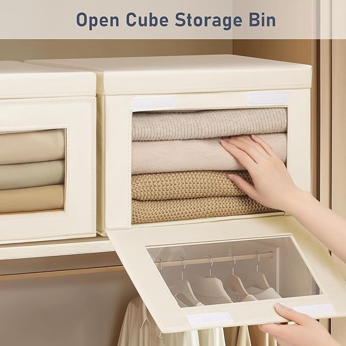 DIMJ Storage Bins with Lids - 4 Pack Fabric Closet Organizer with Window & Handles, Collapsible Decorative Storage Boxes for Shelves Under Bed, Books Clothes Blankets Sweaters Organization