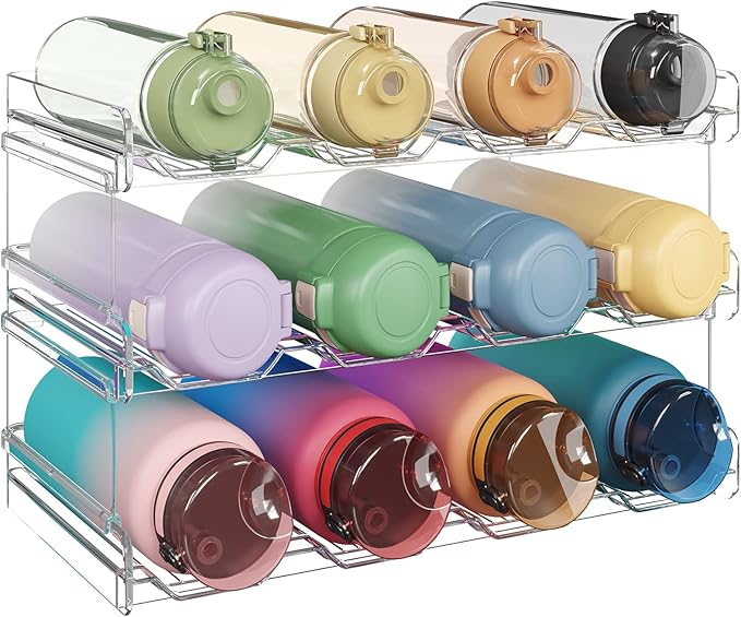 Lifewit Stackable Water Bottle Organizer for Cabinet, Plastic Bottle Holder Fits Bottles/Tumblers up to 3.8" Diameter for Pantry/Countertop, 3 Tier Holds14 Bottles 41 x 20 x 24 cm/16 x 8 x 9.5