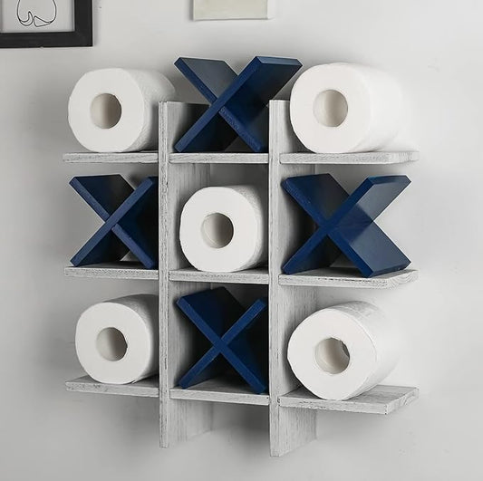 Weysat Tic Tac Toe Toilet Paper Holder Stand Bathroom Wall Decor Rustic Wooden Hanging Storage Freestanding Wall Mounted Shelves Decor for Toilet Tissue Farmhouse