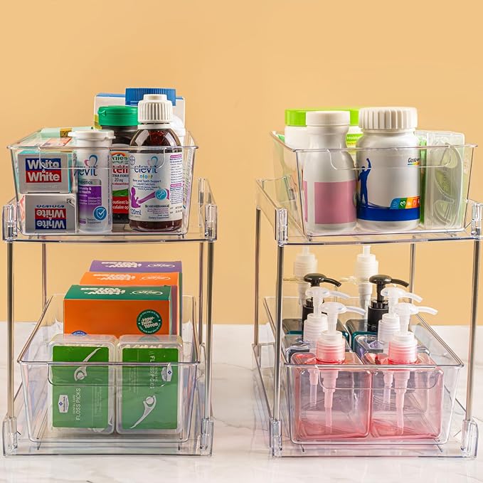 4Pack 2-Tier Bathroom Storage Organizer, Clear Under Sink Organizers Kitchen Vanity Counter Storage Container, Medicine Cabinet Drawers Bins, Pull-Out Organization with Track for Pantry