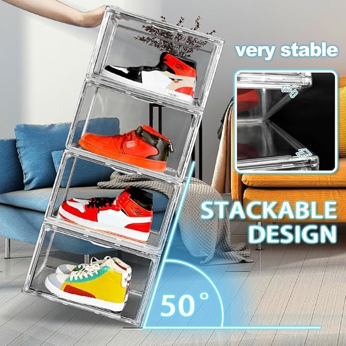 Size 14 Shoe Storage Organizer, Clear Stackable Shoe Boxes with Magnetic Door, Acrylic Sneaker Shoe Display Case, Plastic Shoe Organizer Containers for Sneakers, Fits up to Men’s Size 14, 1 Pack