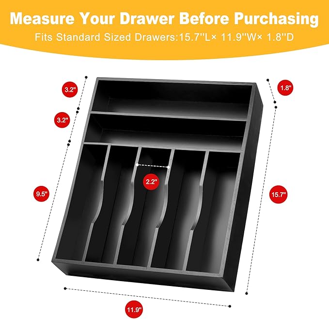 Kitchen Bamboo Silverware Organizer, Kitchen Drawer Organizer, Black