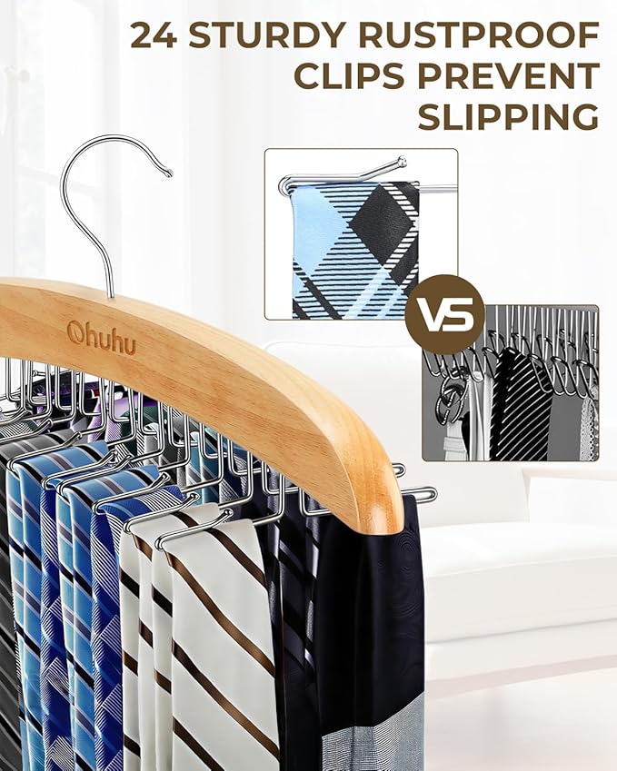 Tie Rack Hanger for Closet: Ohuhu 2 Packs 24 Folding Hooks Tie Hangers for Men Wooden Tie Holder Organizer Space Saving Necktie Storage 360 Degree Rotating Ties Belts Scarves Tank Tops-Burlywood