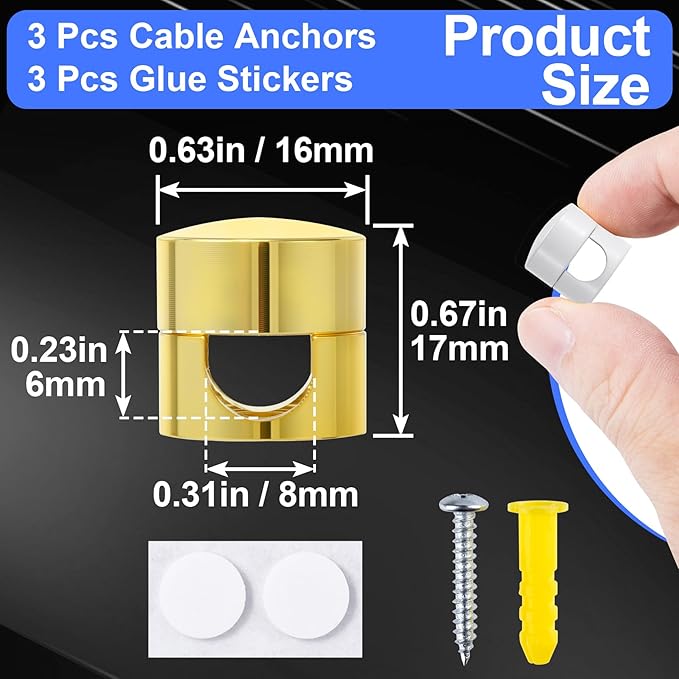 SmallCat 3 Sets Charger Holders for Cords, Adjustable Cable Anchor Holders, Adhesive Metal Cord Clips, Cable Management Wire Organizers for Desk, Office, Nightstand - Gold, White, Silver