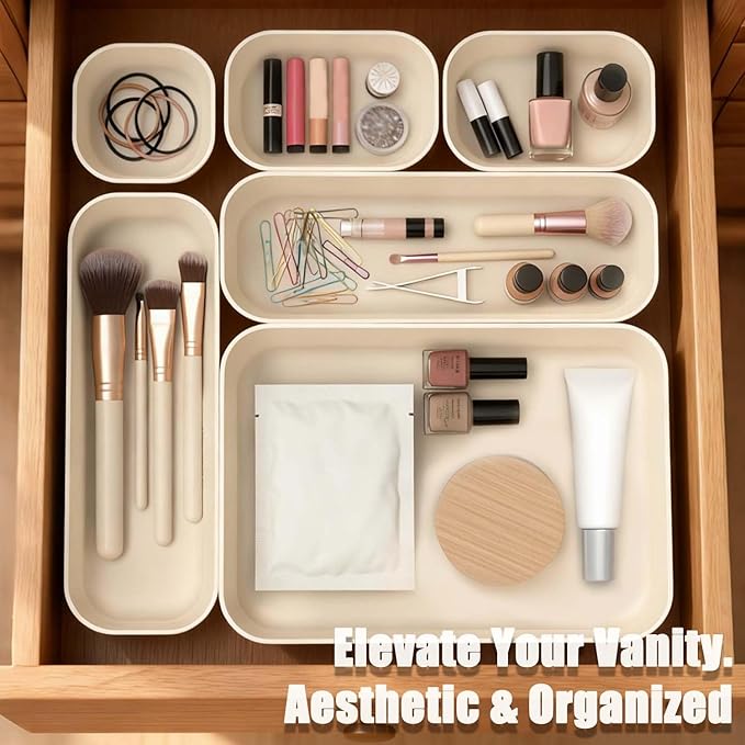 SILIVO 8 PCS Unbreakable Silicone Drawer Organizers, Modern Minimalist Beige Drawer Dividers, Noise-Free & Non-Slip Trays for Home Office, Kitchen, Bathroom and Neutral Nursery Decor