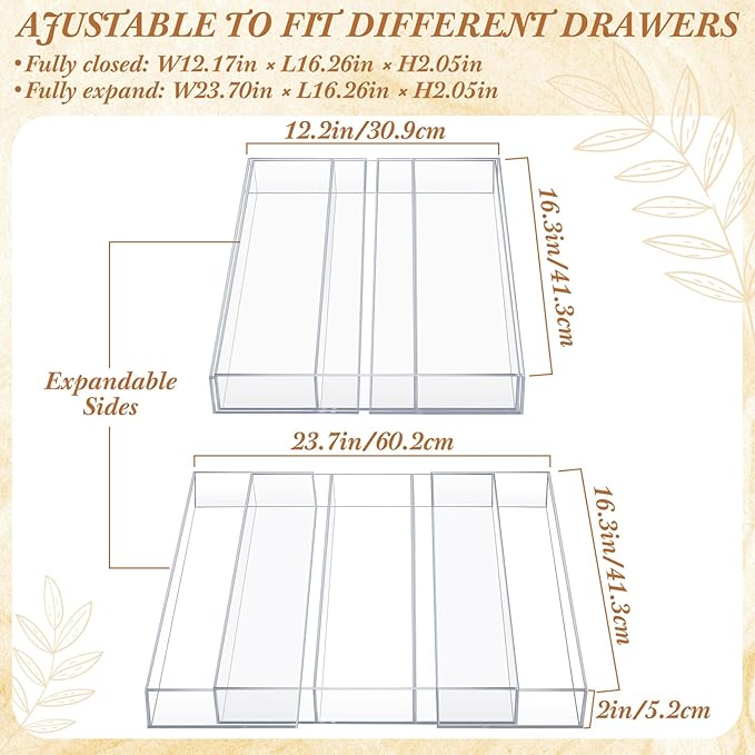 Teenyyou 1 Pack Expandable Kitchen Drawer Organizer Clear Acrylic Utensil Organizer Adjustable Acrylic Silverware Storage for Drawers Silverware Flatware Knives (12 x 16 Inches,3-5 Compartments)