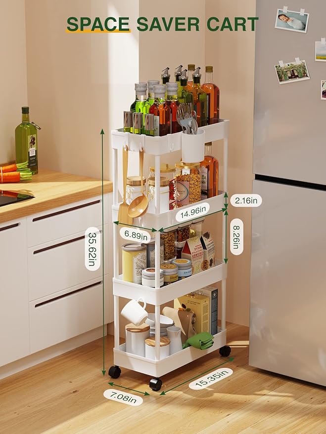 Slim Rolling Storage Cart, 7.1" W+White