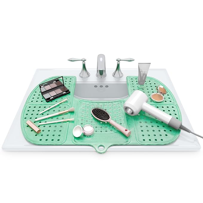 Sink Topper Bathroom Counter Cover & Storage Saver, Foldable Silicone Mat for Hot Tools, Hair Styling & Makeup, Beauty Brush Cleaning Mat, RV Camper Sink Cover & for Small Spaces (Large Green)