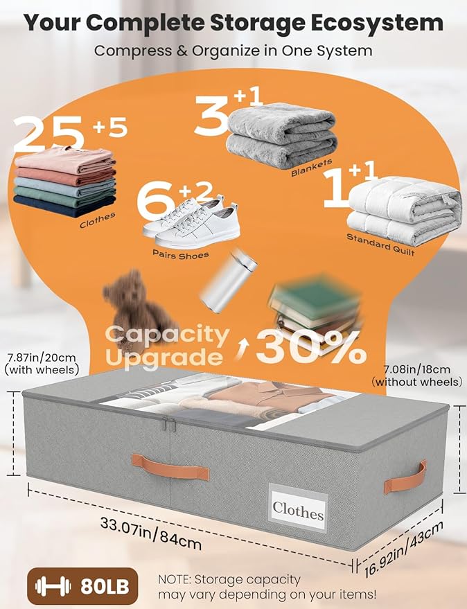 2-Pack Under Bed Storage Drawers with Wheels, 6 Vacuum Bags, 7.9" Height, Gray