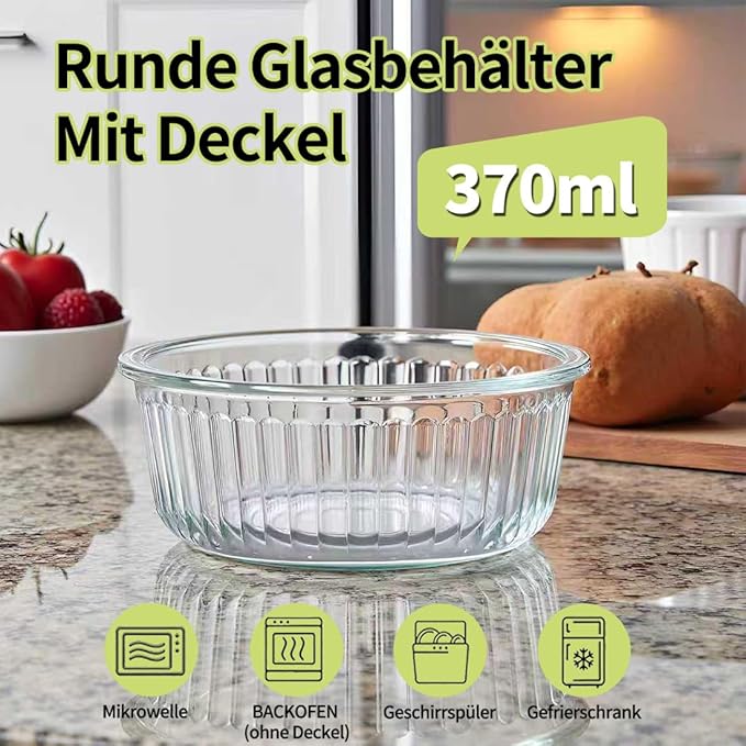 12oz Round Glass Food Storage Containers with Lids and Foldable Cutlery, 1.5 cup Round Glass Lunch Containers, Small Food Bowls for Office, School, Outdoor, Microwave, Freezer Safe -4 Pack