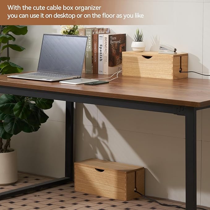 KIRIGEN Wooden Cable Management Box Set of 2 - Solid Wood Large & Small Cord Organizer Hides Power Strips, Chargers & Wires for Desk, TV Stand, Home Office DXH2T-NA