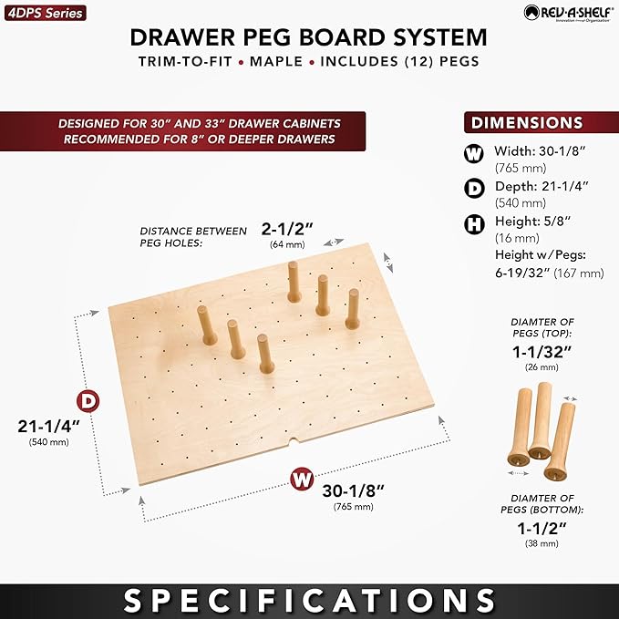 Rev-A-Shelf Trimmable Pegboard Drawer Divider Organizer, Trim to Custom Fit Wooden Kitchen Cabinet Storage Utensil, Pots & Dish Rack, 30" x 21", 4DPS-3021