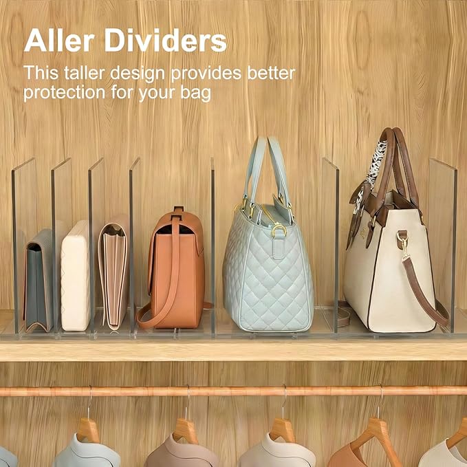 SortNStore Bag & Purse Organizer for Closet: Adjustable Clear Handbag Storage Shelf - Plastic Clutch Dividers for Closet Organizers and Storage - Keep Carteras & Pocketbook Upright 3 Pack - 11Dividers