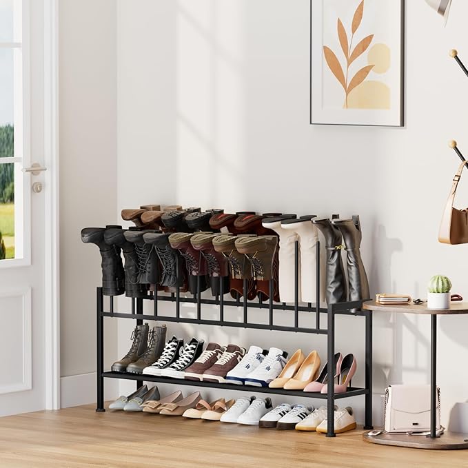 DIMJ Boot Rack 3-Tier - Black Metal Boot Storage Rack for Tall Boots Organizer, Multiuse Shoe Rack for Boots, Sneakers, High-Heel, Entryway, Fit for 10 Pairs, Black