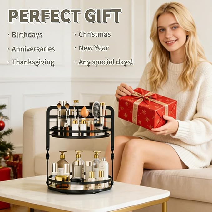 360° Rotating Makeup Organizer, 2-Tier Black Perfume Organizer for Dresser