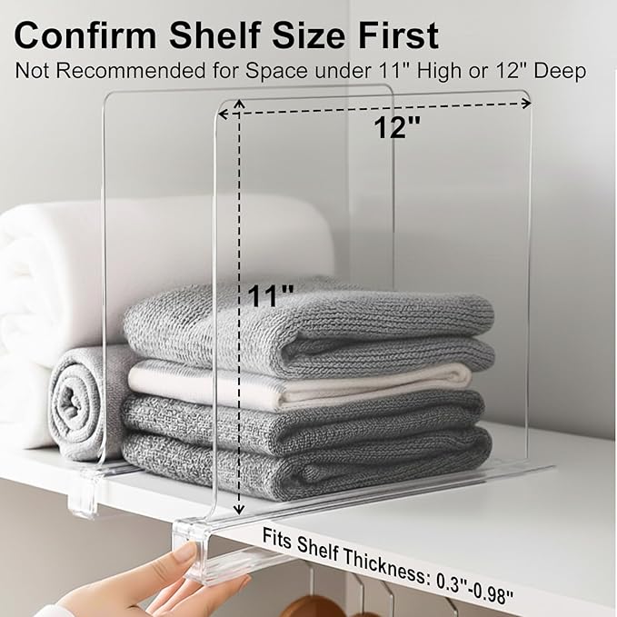 SortNStore Shelf Dividers Purse Organizer for Closet: 11-inch Tall(Extra Tall) Acrylic Sweater Organizer - Upgraded Extra Height for Large Handbags, Totes, Clothes, Towels on Wood Shelves 6-Pack