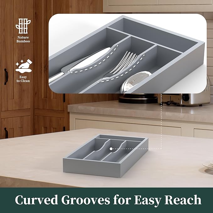 Silverware Organizer, Bamboo Kitchen Drawer Organizer, Grey, 6.7''W x 12''D