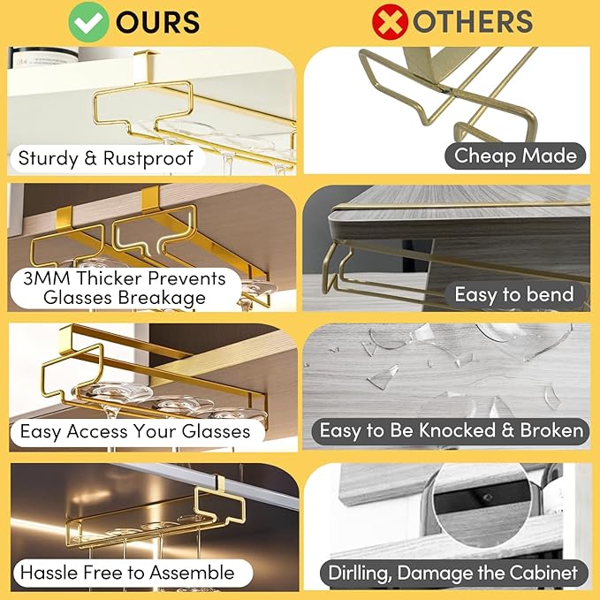 LINFIDITE Gold Under Cabinet Wine Glass Holder, 2 Pack, Space Saving, Easy Installation, Anti-Skid, Compact Design, Sturdy Materials, Affordable Gift