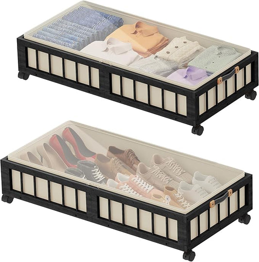 2-Pack Bamboo Under Bed Storage with Wheels, Black