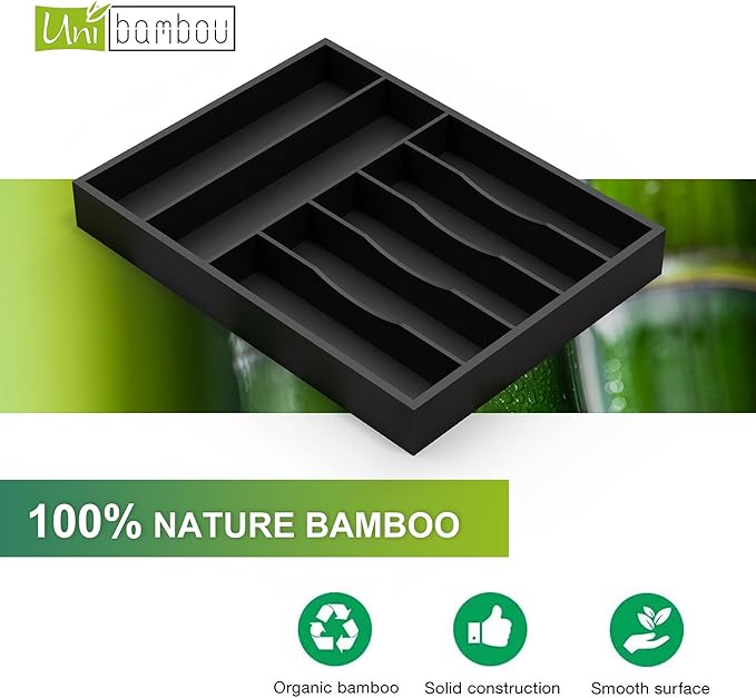 Unibambou Sliverware Organizer, Bamboo Kitchen Drawer Organizer, Flatware Organizer Tray Holder for Sliverware, Utensil & Cutlery (Black, 7 Slots)