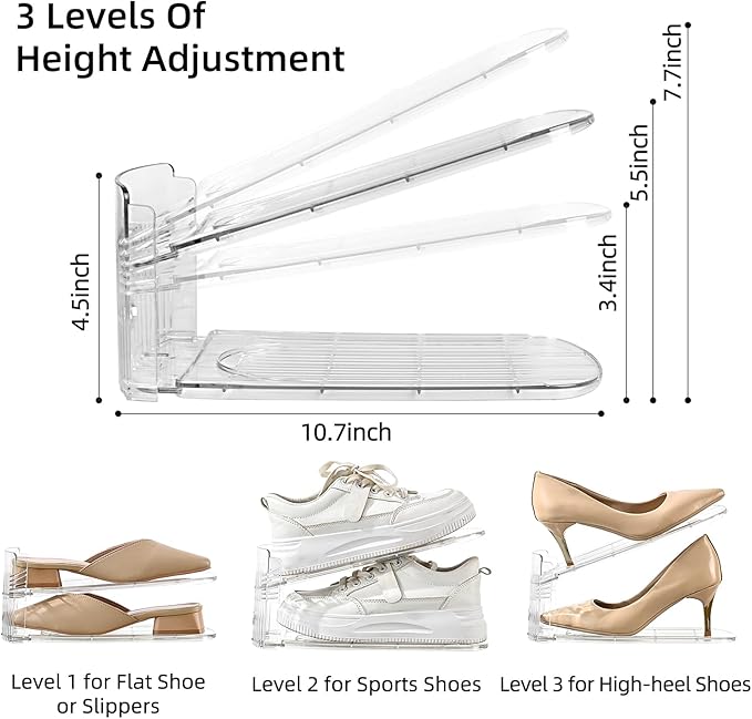 2 Pack Shoe Slots Organizer Adjustable Level Shoe Stacker Holder Storage Space