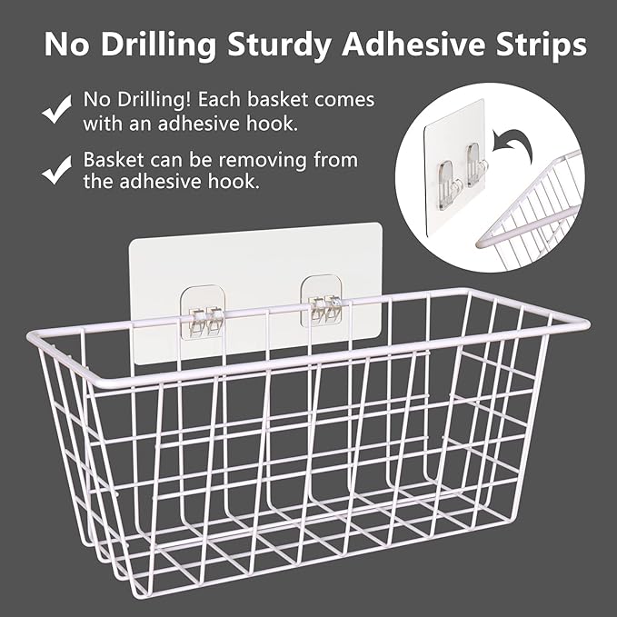 MaraFansie Wall Wire Baskets Adhesive Basket Hanging Kitchen Baskets No Drilling for Cabinet & Pantry Organization and Kitchen, Bathroom, Bedroom Storage, 4 Pack, White