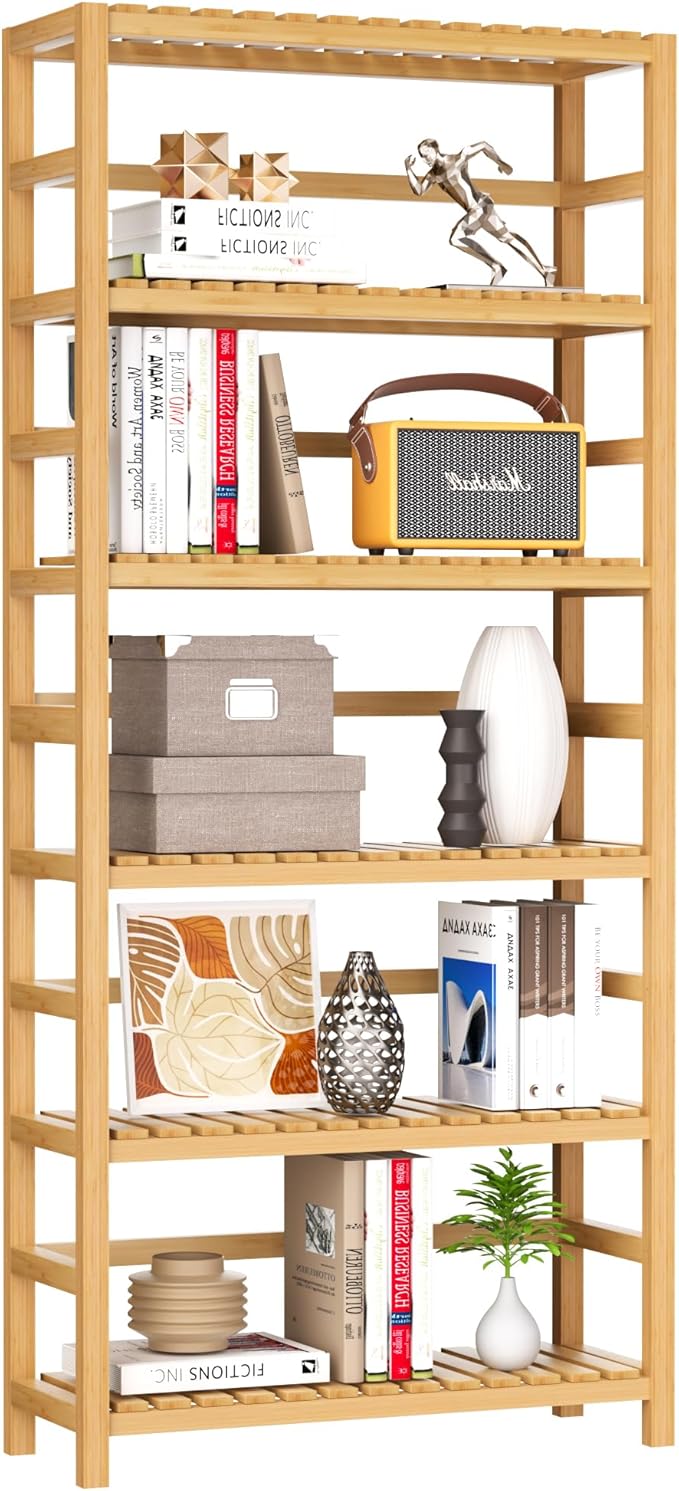 6-Tier Bamboo Shelf, Bamboo Storage Shelving Unit, Living