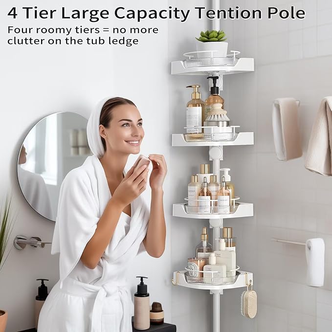 Shuang qing 360° Rotating Corner Shower Caddy Tension Pole Organizer, White