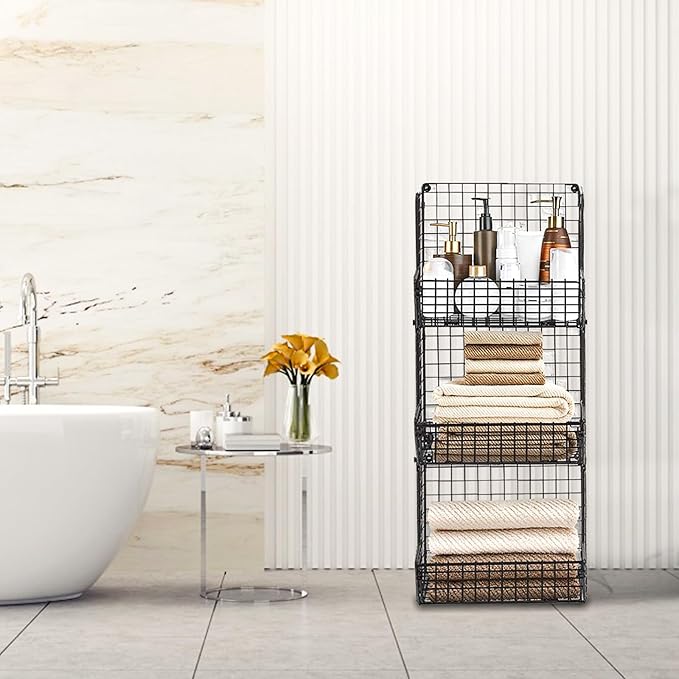 PUPPYCUTE Stackable Wire Storage Baskets for Kitchen Closet Pantry, Hanging Closet Organizers Storage Shelves Organization, Wall Mount Metal Basket Bins, Clothing Vegetable & Fruit Organizer 3 pcs