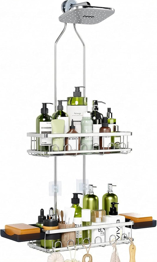 Shower Caddy Hanging, Adjustable Height, Rustproof Shelves with Hooks