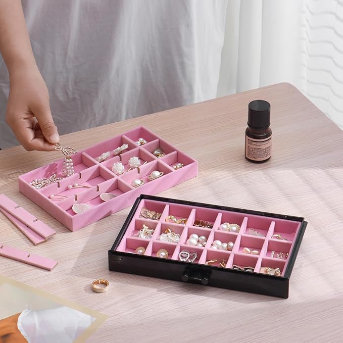 YUFONG Earring Organizer Box Acrylic Jewelry Organizer with 3 Drawers 54 Adjustable Grids Clear Stackable Earring Holder Velvet Trays Ring Display Case for Women Girls (Black Pink)