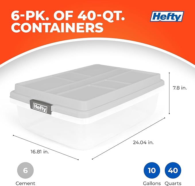 Hefty 40 Qt Hi-Rise Storage Bin with Lid, Stackable Plastic Storage Container, Organizer for Home, Garage & Closet, 6 Pack, Gray