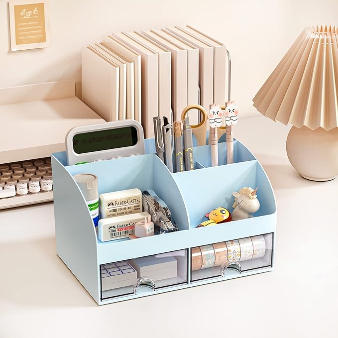 Desk Organizer with 6 Compartments and 2 Drawers, Plastic Makeup Organizer, Blue