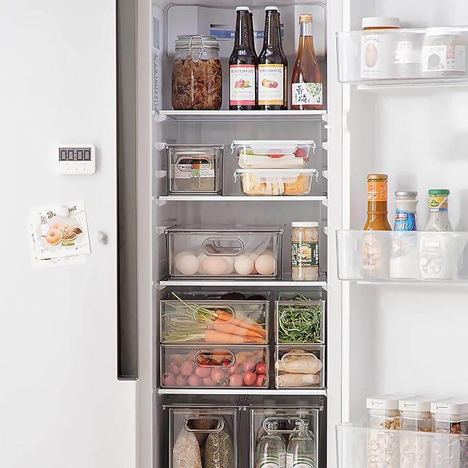 Stackable Fridge Drawer Pull-Out Bins with Handles 3 Pack Large Clear Food Container with Removable Dividers Refrigerator Storage box Divided Produce Saver for Pantry Kitchen