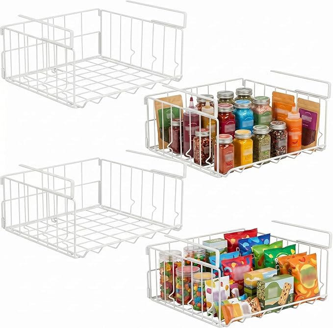 Under Shelf Basket Storage, Steel Under Shelf Hanging Wire Baskets Shelves for Laundry Room Kitchen Desk Pantry Bookshelf (White, 4 Pack)