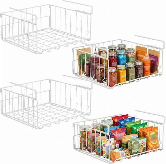 Under Shelf Basket Storage, Steel Under Shelf Hanging Wire Baskets Shelves for Laundry Room Kitchen Desk Pantry Bookshelf (White, 4 Pack)