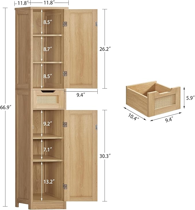 Iwell Tall Bathroom Cabinet, Slim Narrow Storage Cabinet with Adjustable Shelves, Rattan Cabinets with 1 Drawer, for Bathroom, Living Room, Entryway, Kitchen, Nature