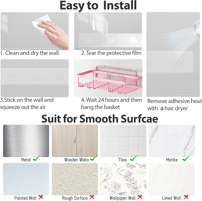 5 Pack Shower Caddy Organizer Rack Shelf for Inside Shower, Pink