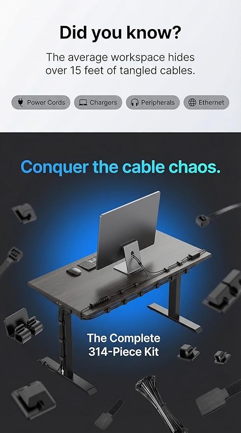 314 Piece Cord Organizer & Cable Management Set, All in One Desk and TV Cable Management Kit with Clips, Sleeves, Ties, Mounts for Home Office Perfect Tech Organizer Scissors & Travel Case Included