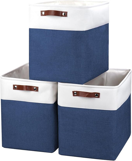 Large Fabric Storage Baskets, 50L Storage Bins, Navyblue&White