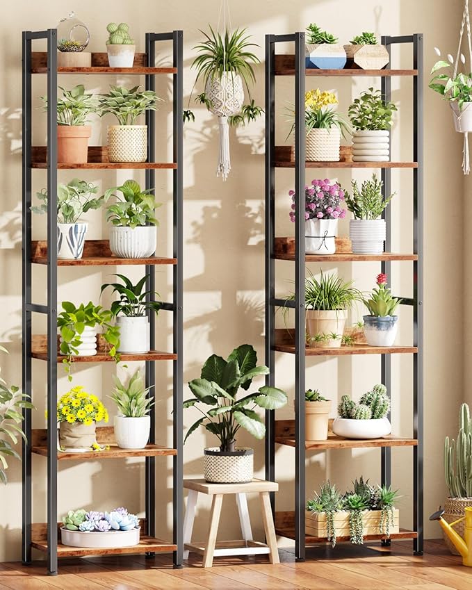 Book Shelf Set of 2, 6 Tier Tall Shelf with Drawer, Rustic Brown