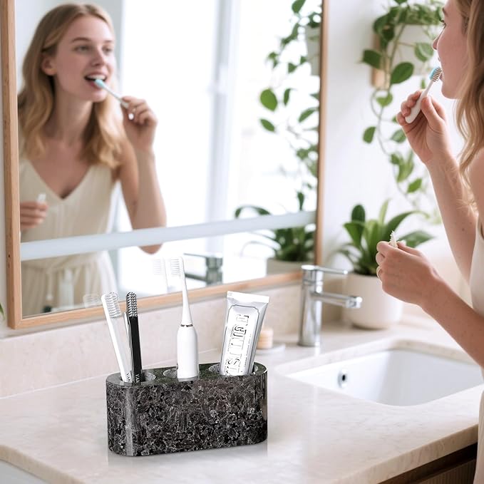 BCS Toothbrush Holder for Bathrooms, 3 Slots Marble Toothbrush Organizer, Makeup Brush Stand Toothbrush Storage Collection for Bathroom Countertop Vanity Organization - Marron Bahia