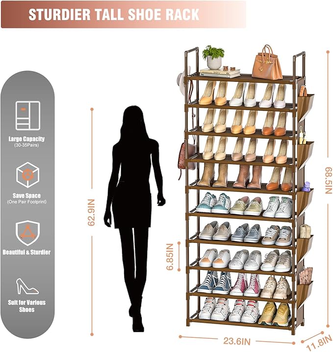 Tall Shoe Rack, 10 Tier Organizer for Closet, 30-35 Pairs