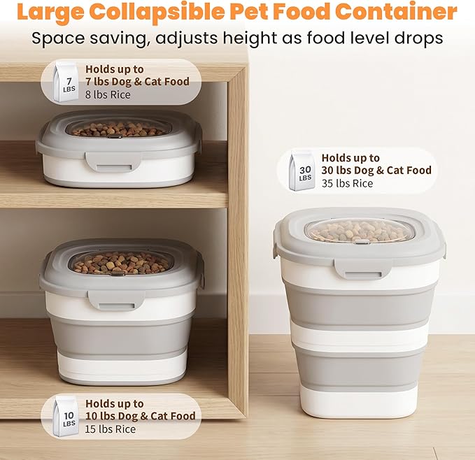 30 Lbs Dog Food Storage Container with Wheels, Collapsible Pet Food Storage Container with Clear Window, Measuring Cup & Scoop, BPA Free Cat Food Container for Rice, Flour, Grain, Bird Seed