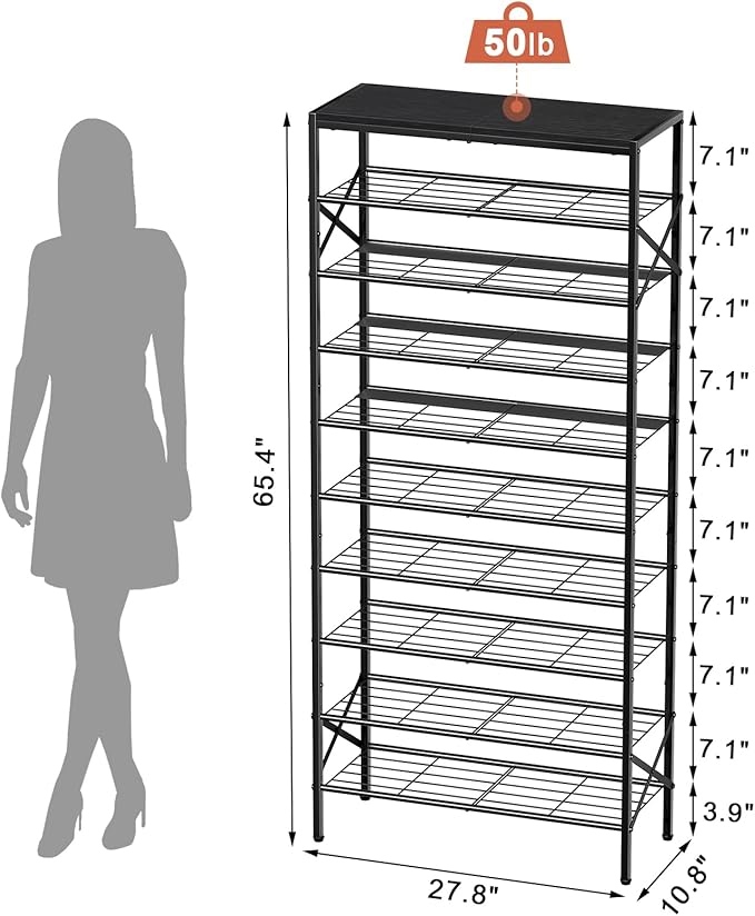 10-Tier Tall Shoe Rack Organizer Shoe Storage for Entryway 30-40 Pairs Metal Shoe Rack for Closet Heavy-Duty Shoe Rack with Wooden Top Shelf for Garage Black