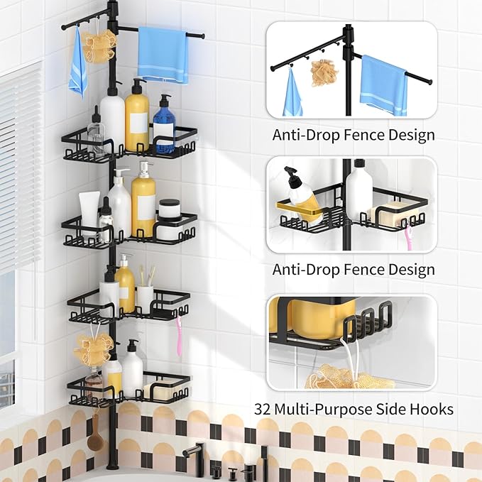 Shower Caddy Tension Pole with 2 Towel Bars