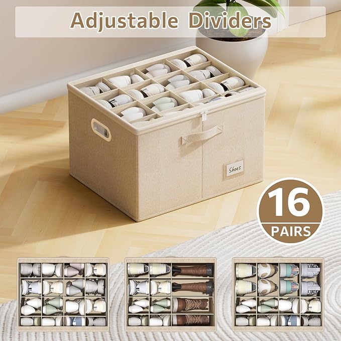 Shoe Organizer for Closet, Large Shoe Box Storage Containers with Clear Window, Space Saving Shoe Bin with Foldable Bottom Support Adjustable Dividers - Fits 16 Pairs (Beige, (19.7*15.7*13)x1)