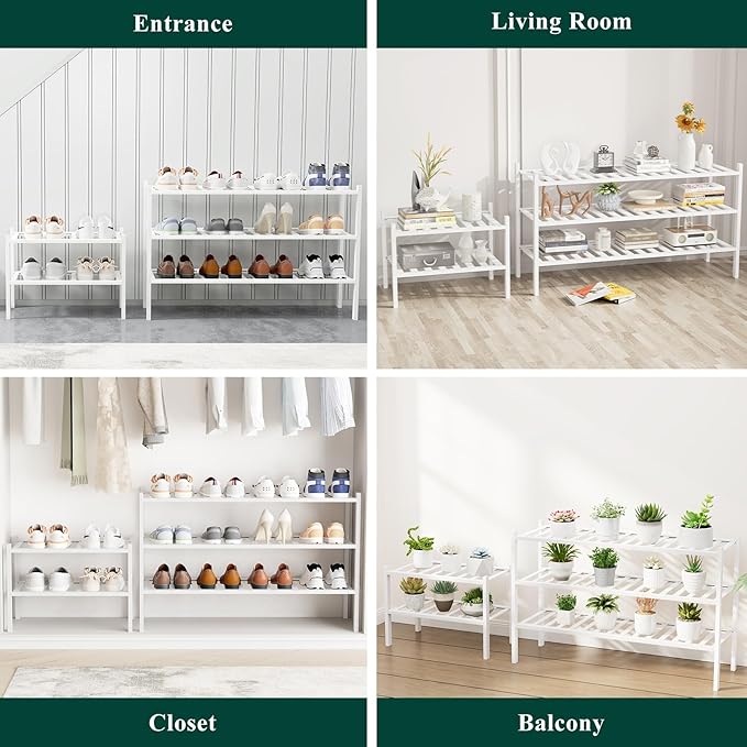 Smiry Long Bamboo Shoe Rack, 3 Tier Free Standing Wooden Shoe Organizer, Stackable Wood Shoe Storage Shelf for Closet, Entryway, 12 Vertical Slats, 2+1 Stack Standard Legs, 33.7"x11"x19.5", White