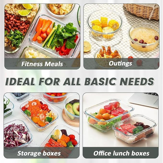 12 Packs Glass Food Storage Containers Set, Grey