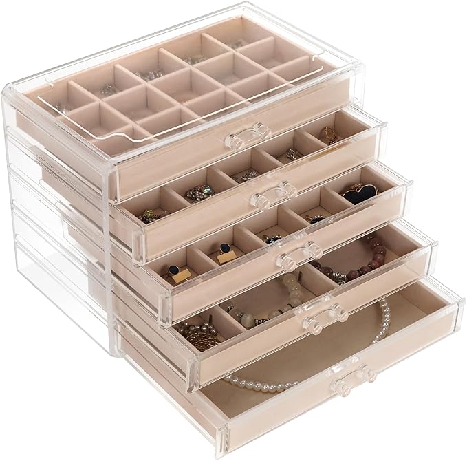 FEISCON Jewelry Box Organizer，Acrylic Storage Organizer with 5 Drawers Adjustable Velvet Trays grid size Jewelry Storage Box Clear Jewelry Organizer Gift for Women Girls (5 layer)